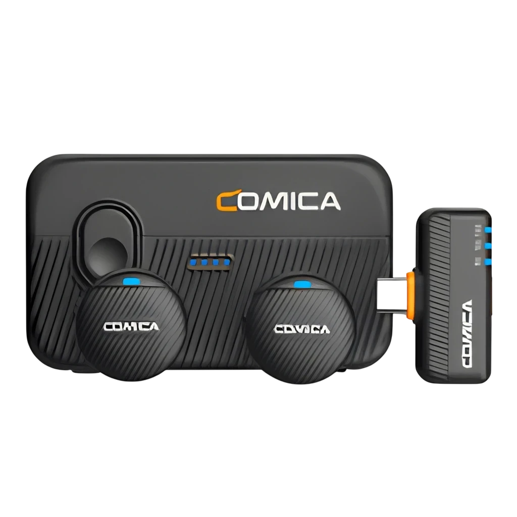 Comica Vimo Me Smartphone Combo noir, vue de face: boîtier de charge avec deux microphones sans fil et récepteur USB-C noir
