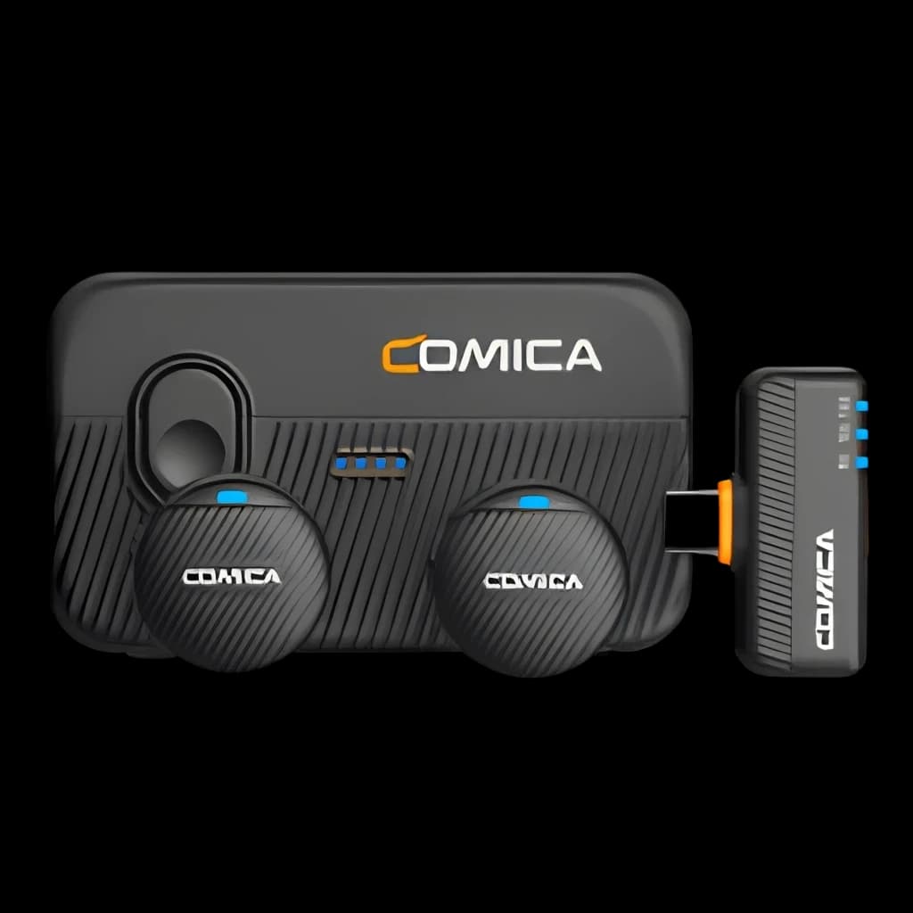 Comica Vimo Me Smartphone Combo noir, vue de face: boîtier de charge avec deux microphones sans fil et récepteur USB-C noir