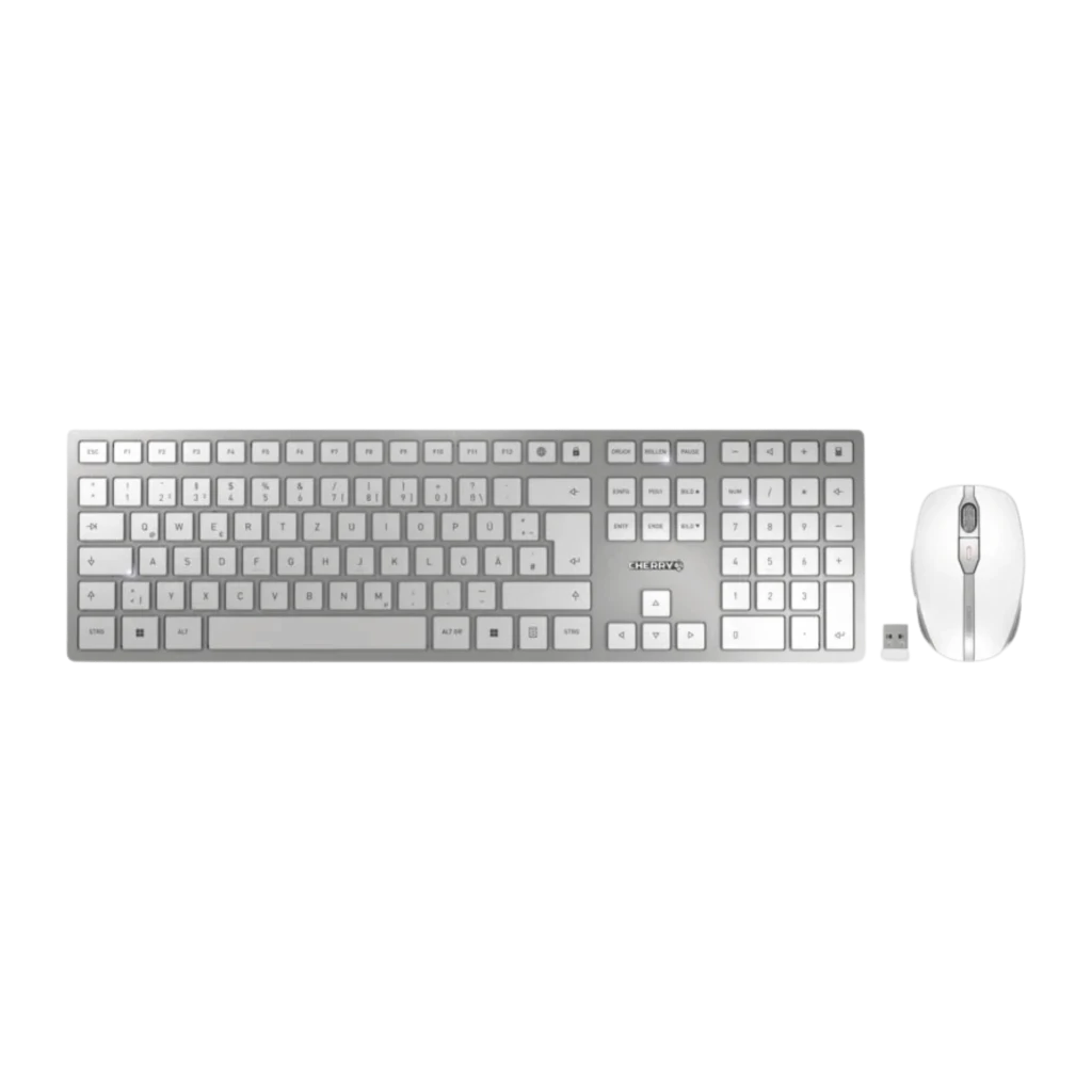 Cherry DW 9100 Slim Argent, vue de dessus: clavier ultra-fin et souris sans fil avec récepteur USB nano