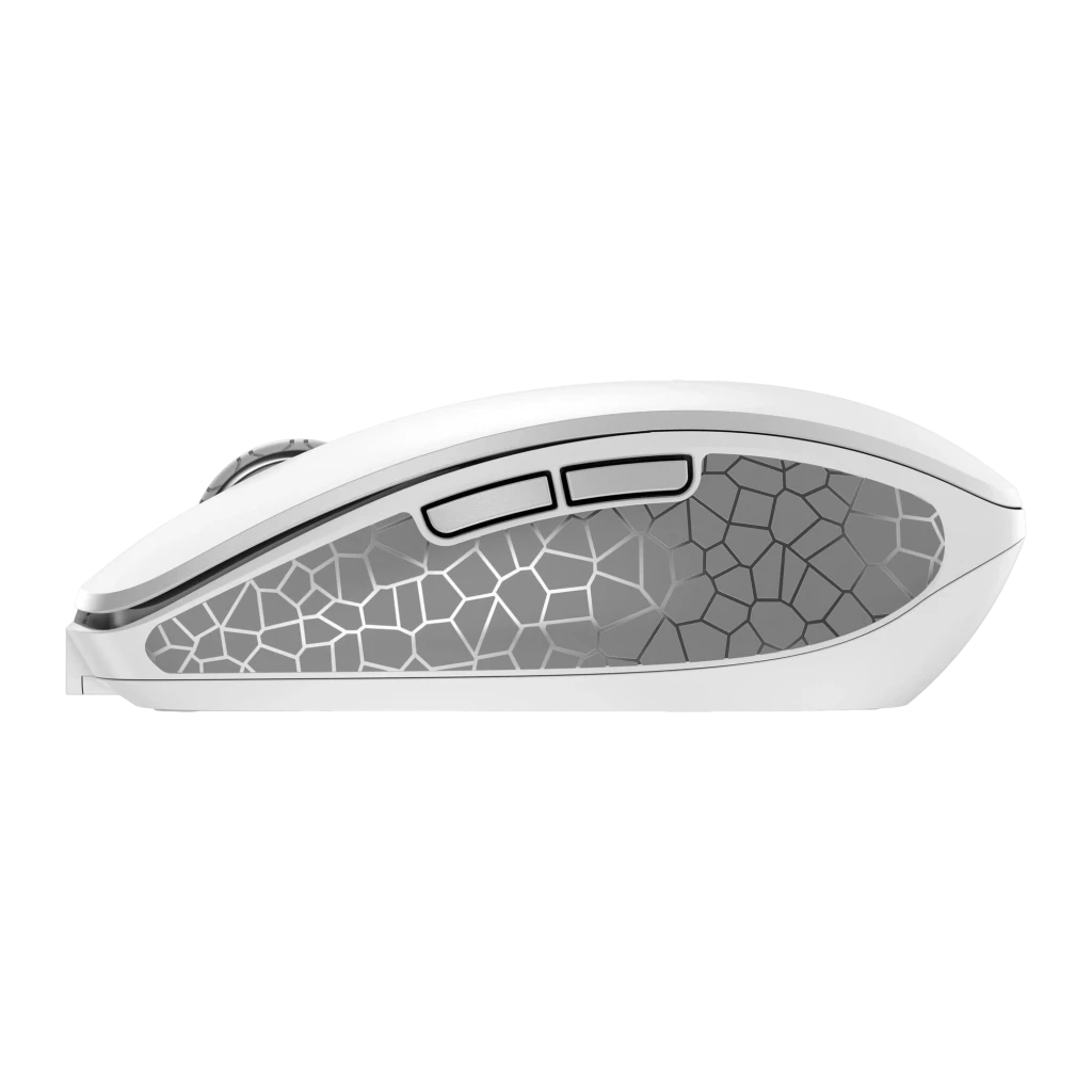 Cherry DW 9100 Slim Plata, vista lateral: perfil delgado con textura geométrica tipo mosaico en el lateral y botones