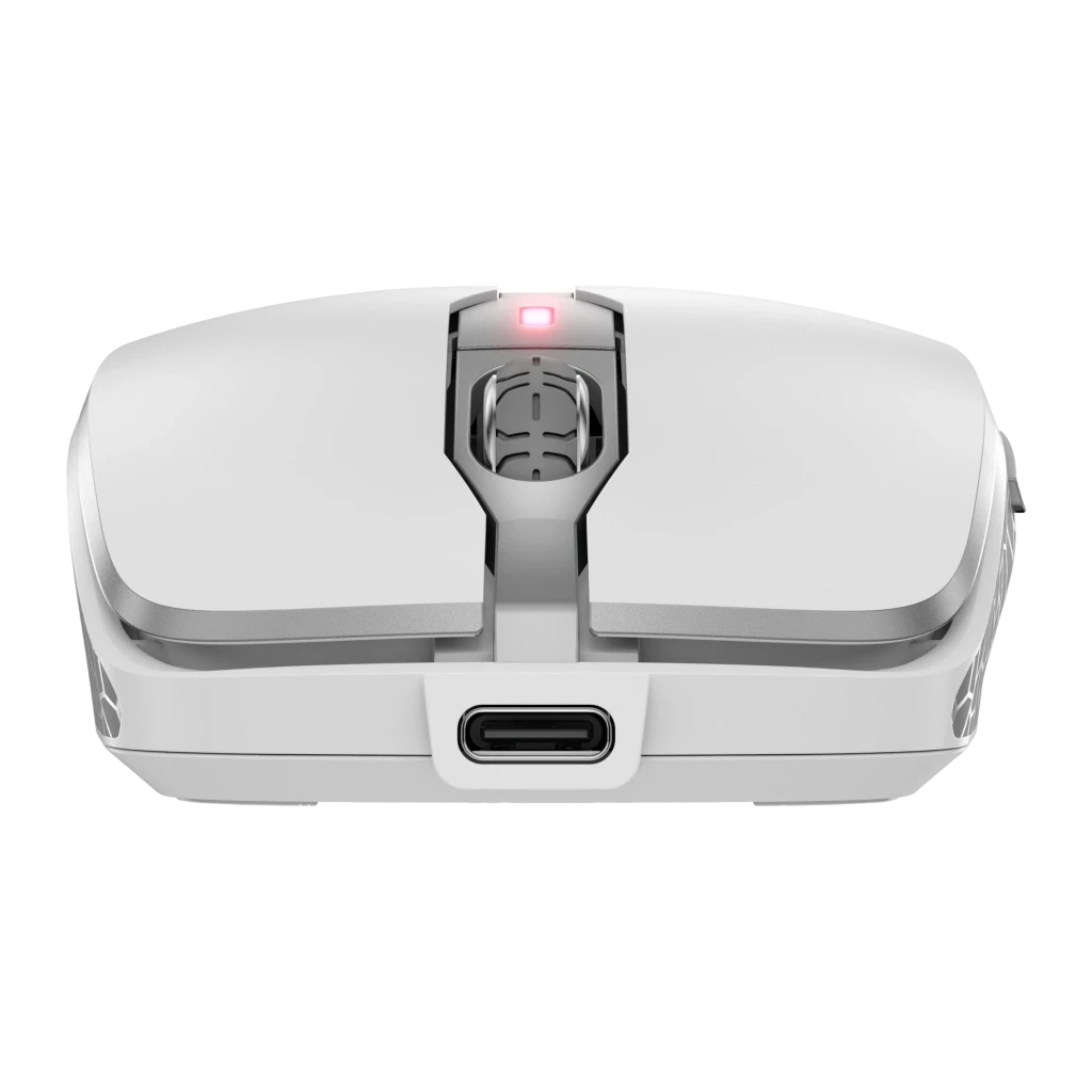 Cherry DW 9100 Slim Plata, vista frontal: puerto USB-C de carga, rueda y LED rojo visibles desde el frente