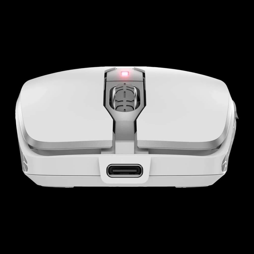 Cherry DW 9100 Slim Argent, vue frontale: port USB-C de charge, molette et LED rouge visibles de face