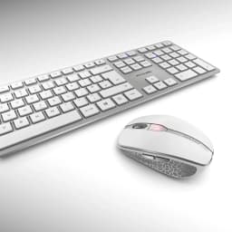 Cherry Kit clavier souris sans fil DW 9100 Slim Argent, vue en perspective: clavier slim argenté et souris avec motif