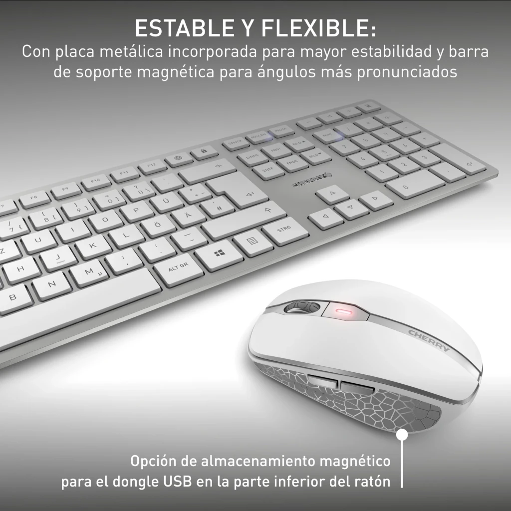 Cherry Kit teclado y ratón DW 9100 Slim Plata, detalle: placa metálica del teclado y base inferior del ratón