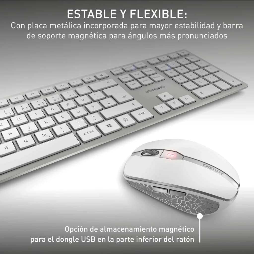 Cherry Kit clavier et souris DW 9100 Slim Argent, détail: plaque métallique du clavier et dessous de la souris avec logement