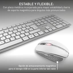 Cherry Kit clavier et souris DW 9100 Slim Argent, détail: plaque métallique du clavier et dessous de la souris avec logement