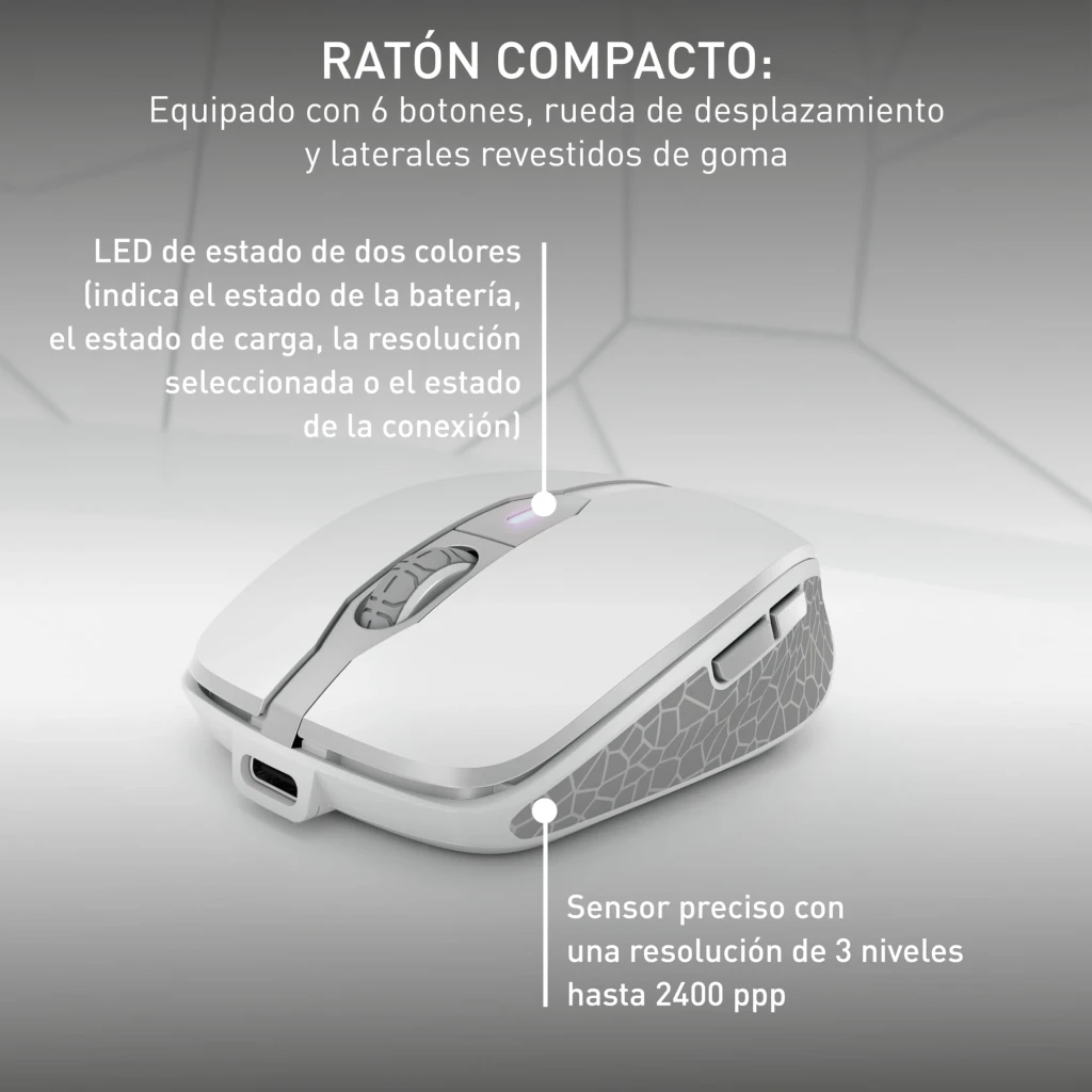 Cherry Kit teclado y ratón DW 9100 Slim Plata, detalle ratón: vista lateral con LED estado, laterales goma y puerto USB-C