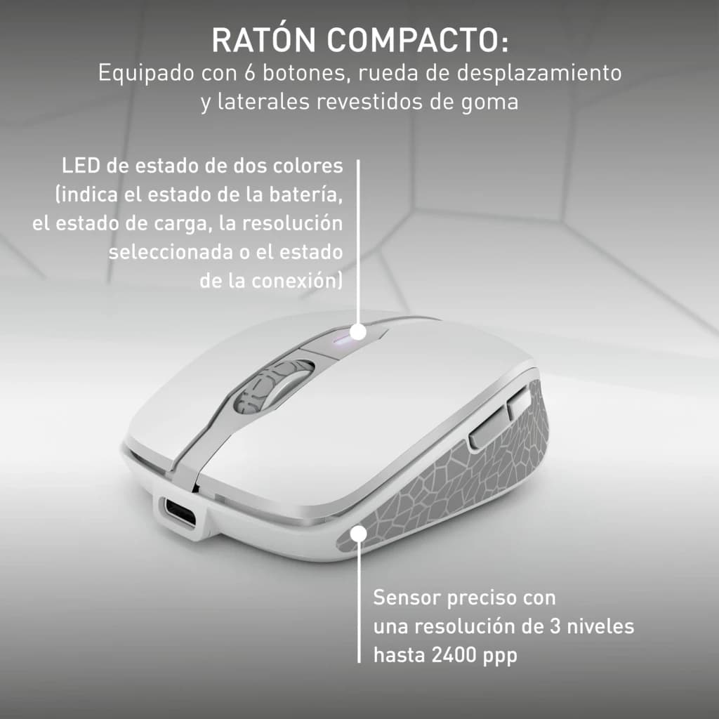 Cherry Kit clavier et souris DW 9100 Slim Argent, détail souris: vue latérale avec LED état, flancs caoutchouc et port USB-C