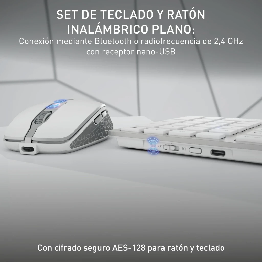 Cherry Kit DW 9100 Slim Plata, detalle lateral: botones RF y BT del teclado junto al ratón con luz azul