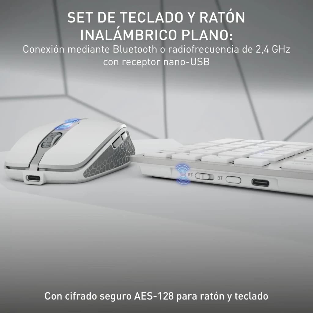Cherry Kit DW 9100 Slim Argent, détail latéral: boutons RF et BT du clavier près de la souris avec lumière bleue