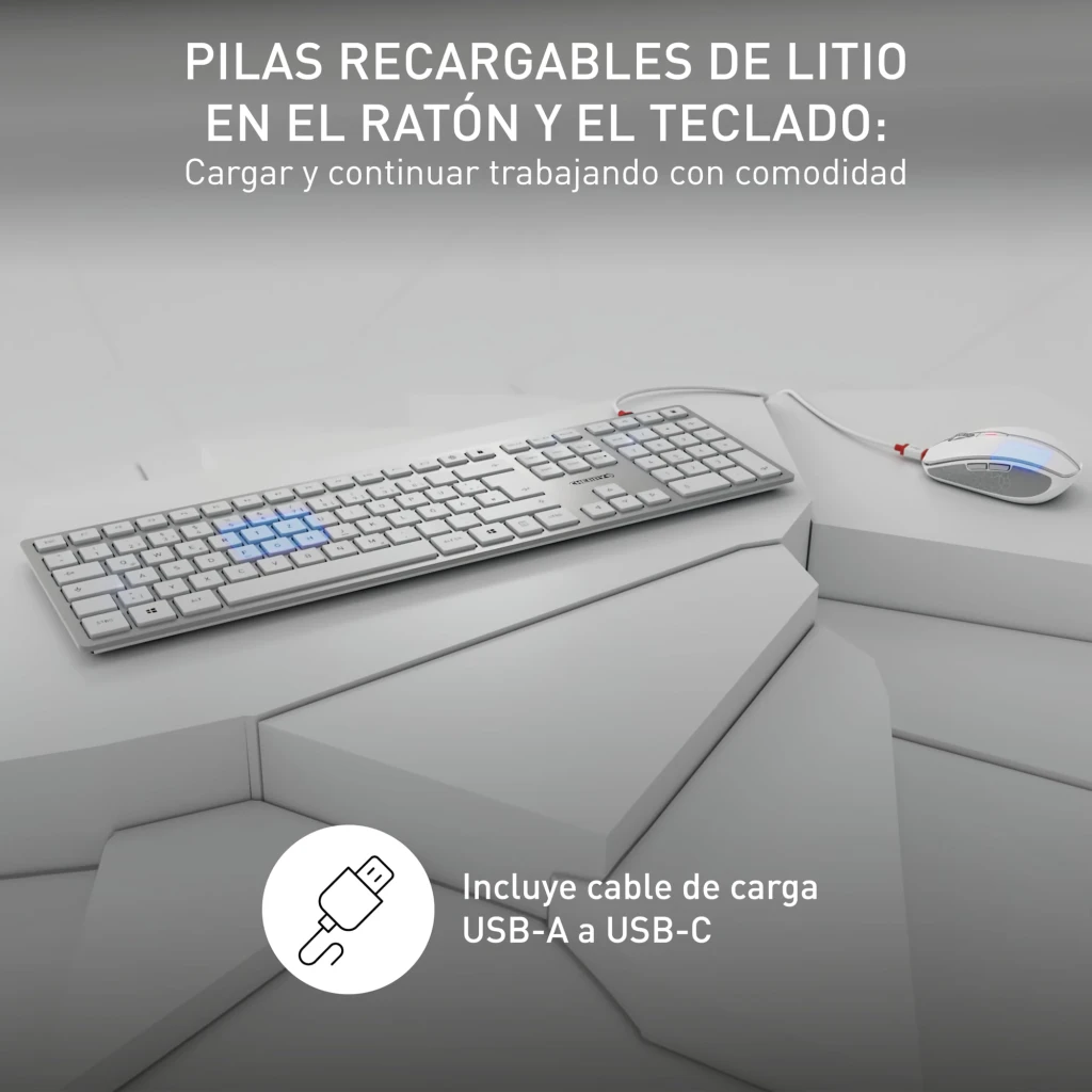 Cherry Kit teclado y ratón DW 9100 Slim Plata, detalle: teclado con retroiluminación azul y ratón sobre superficie, cable