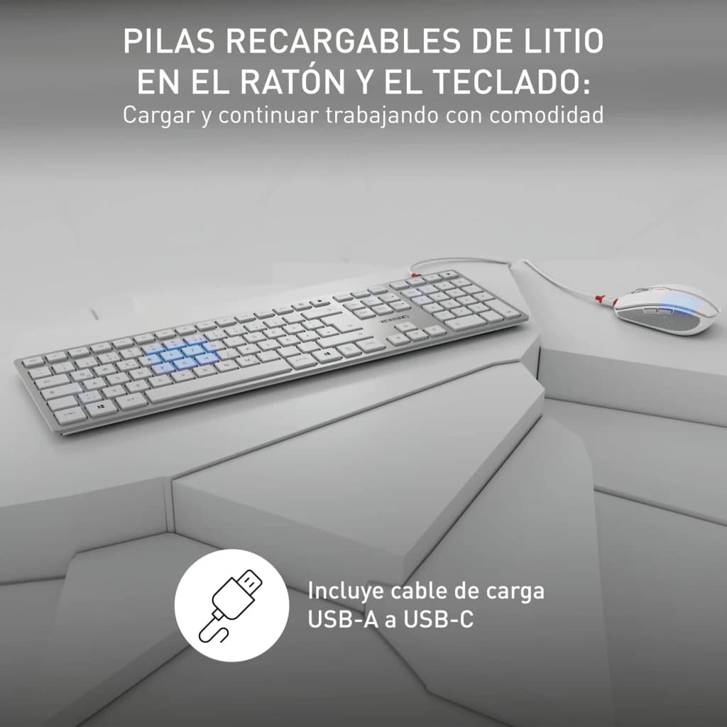 Cherry Kit clavier et souris DW 9100 Slim Argent, détail: clavier rétroéclairé en bleu et souris sur surface, câble USB-C