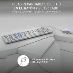 Cherry Kit clavier et souris DW 9100 Slim Argent, détail: clavier rétroéclairé en bleu et souris sur surface, câble USB-C