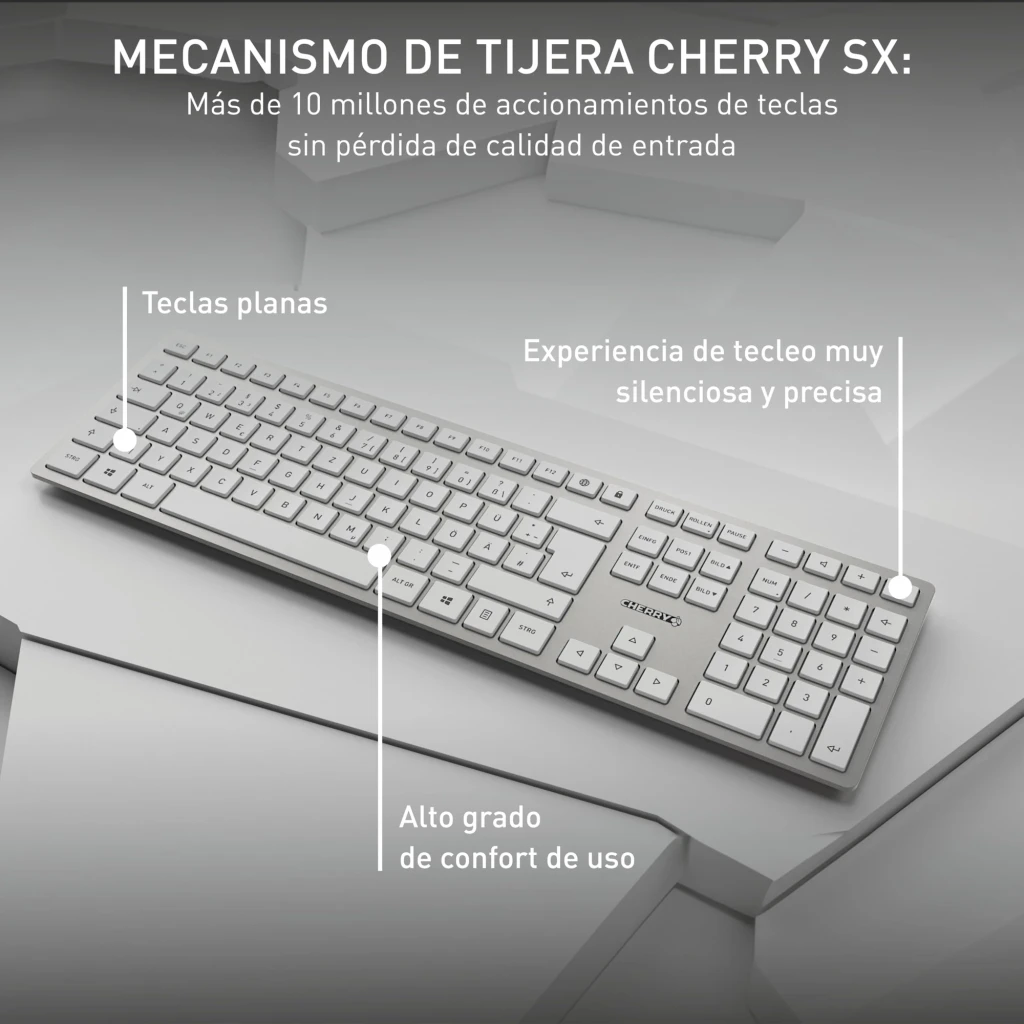 Cherry Kit DW 9100 Slim Plata, infografía: teclado plata con teclas planas y mecanismo tijera CHERRY SX destacado