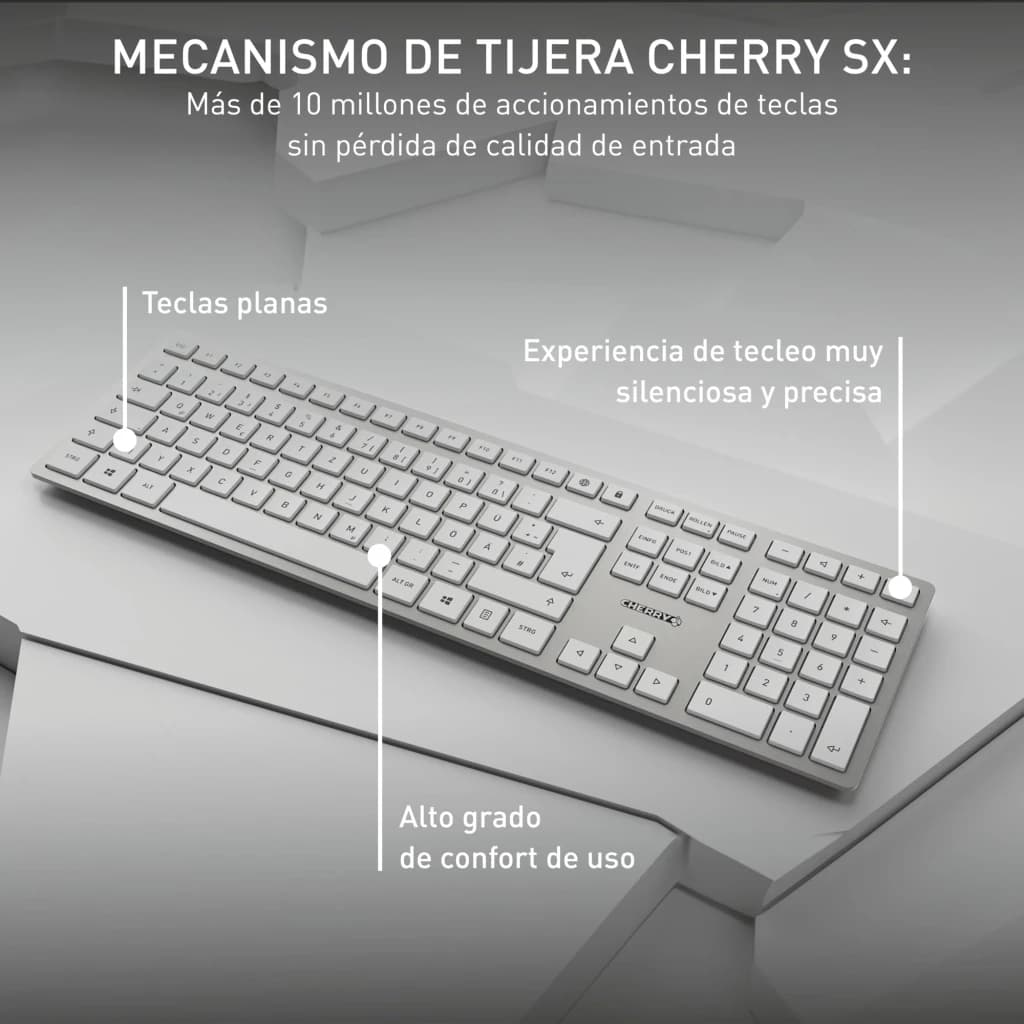 Cherry Kit DW 9100 Slim Argent, infographie: clavier argent à touches plates avec mécanisme ciseaux CHERRY SX mis en avant