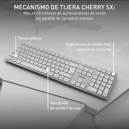 Cherry Kit DW 9100 Slim Argent, infographie: clavier argent à touches plates avec mécanisme ciseaux CHERRY SX mis en avant