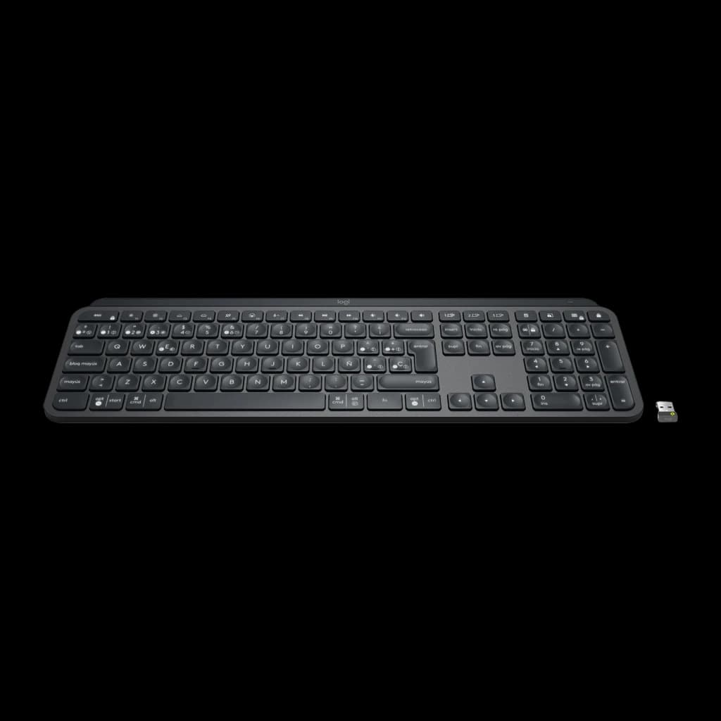 Logitech MX Keys for Business Bluetooth Espanhol Grafite, vista frontal em ângulo: teclado completo cinza com receptor USB