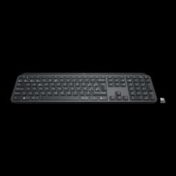Logitech MX Keys for Business Bluetooth Espanhol Grafite, vista frontal em ângulo: teclado completo cinza com receptor USB