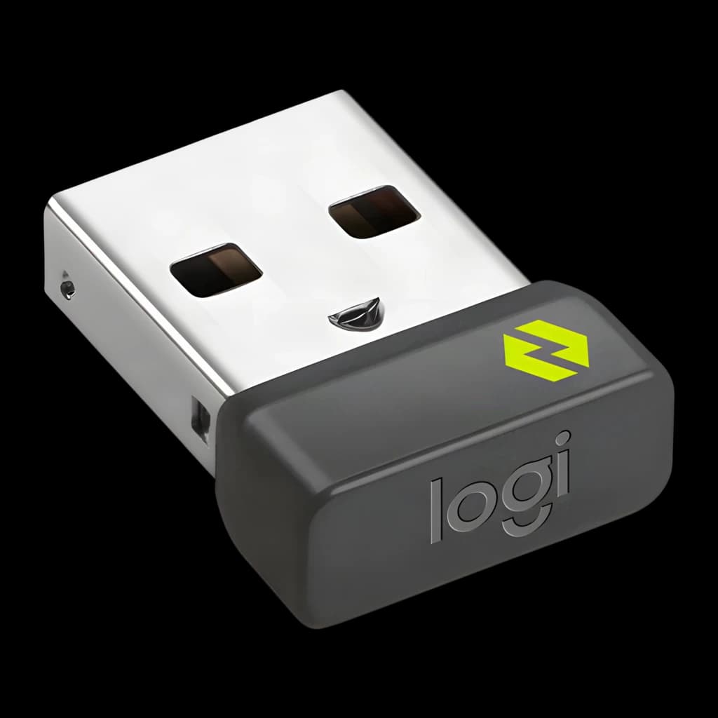Logitech MX Keys for Business Grafite, acessório: receptor USB Logi Bolt cinza com logótipo amarelo em perspetiva