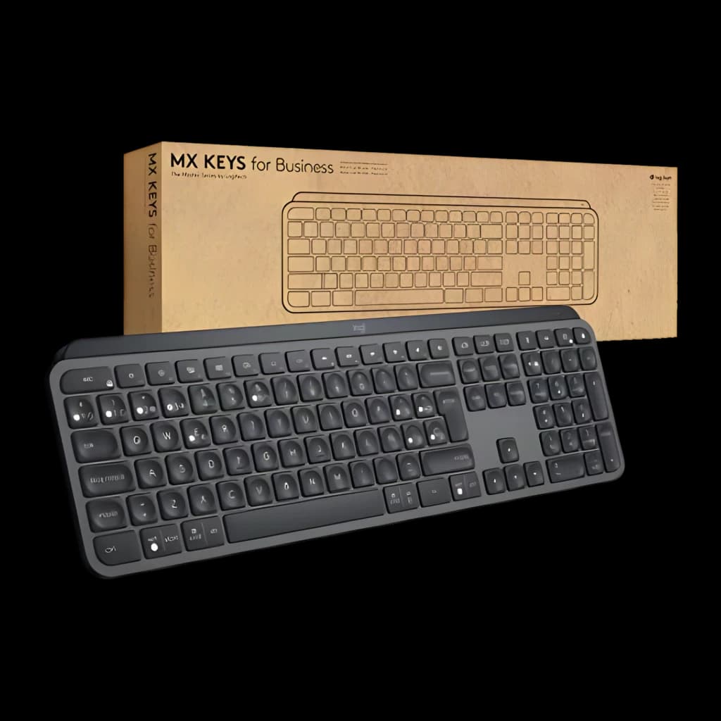 Logitech MX Keys for Business Bluetooth Grafite, vista com caixa: teclado cinza-escuro em ângulo frontal ao lado da caixa