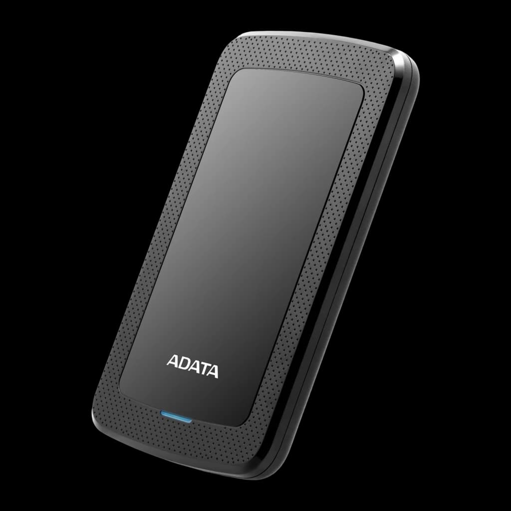 ADATA HV300 2TB noir, vue avant en angle: surface lisse centrale, bordure texturée et LED bleue en bas