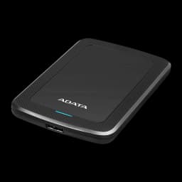 ADATA HV300 2TB noir, vue supérieure en angle: logo ADATA, LED bleue et port USB latéral visibles