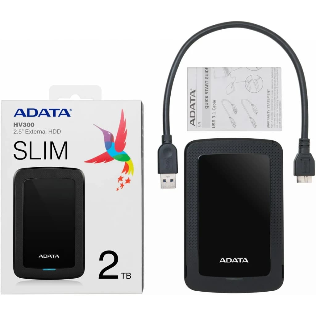 ADATA HV300 2TB noir, contenu de la boîte: disque dur externe, câble USB 3.1 et guide de démarrage rapide