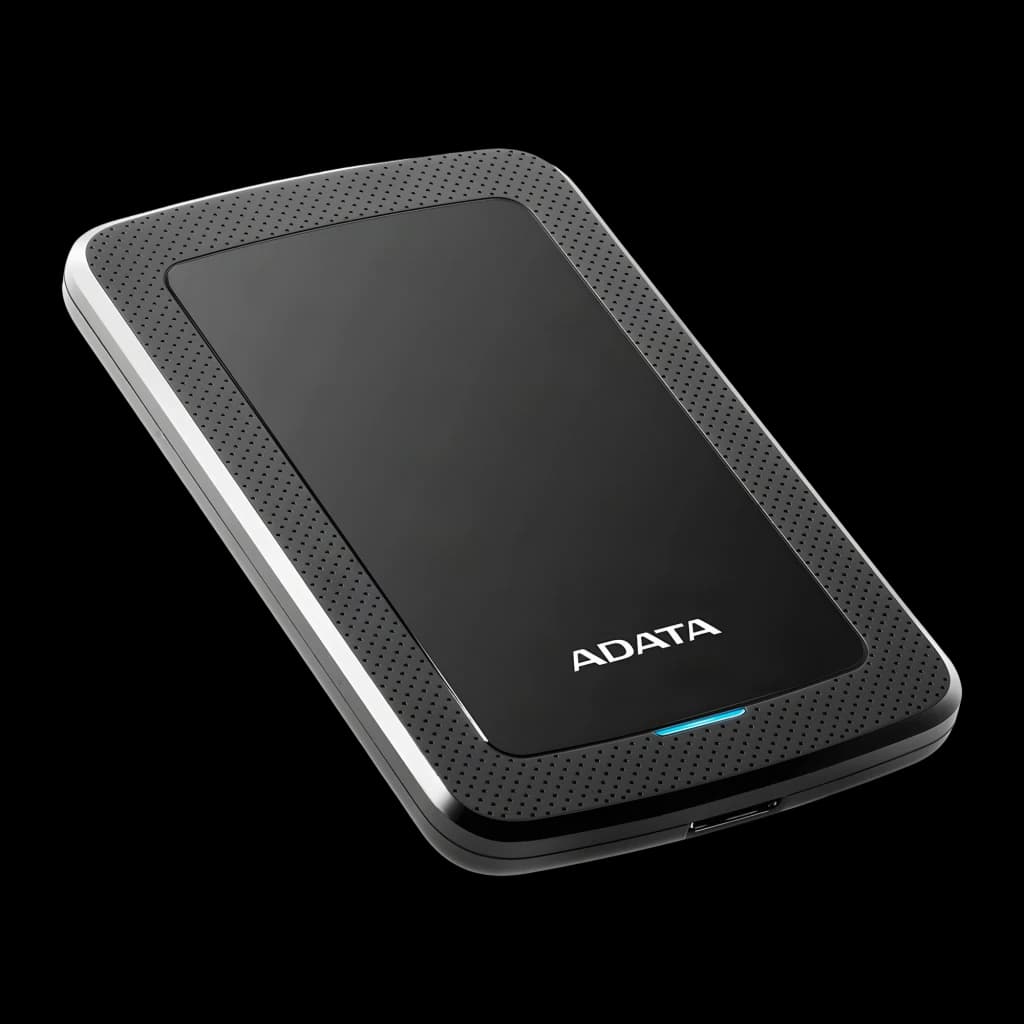 ADATA HV300 2TB noir, vue en perspective: surface brillante, cadre texturé, logo et LED bleue visibles