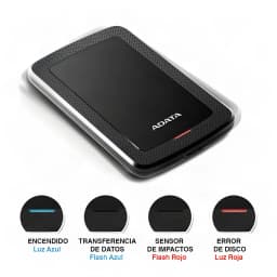ADATA HV300 2TB noir, vue supérieure en angle: texture pointillée, logo ADATA et indicateurs LED bleu et rouge