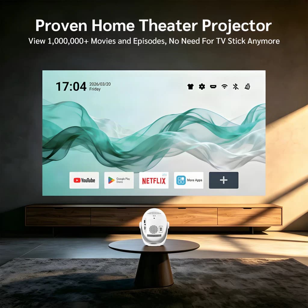 Projecteur SMOON 1080p Full HD 300 Lumens ANSI LCD Google TV Q3, scène salon: projection interface Google TV avec YouTube