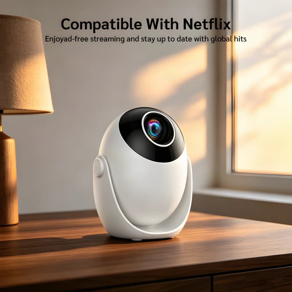 Projecteur SMOON 1080p Full HD 300 Lumens ANSI LCD Google TV Q3, vue latérale: sur bureau en bois avec lampe, compatible