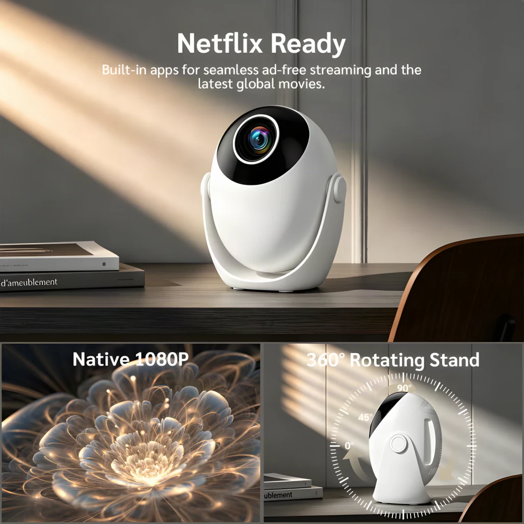 Projecteur SMOON 1080p Full HD 300 Lumens ANSI LCD Google TV Q3, lifestyle: sur bureau texte Netflix Ready, objectif frontal