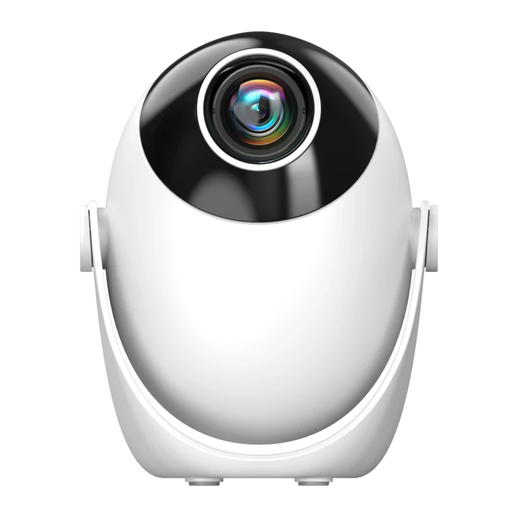 Projecteur SMOON 1080p Full HD 300 Lumens ANSI LCD Google TV Q3, vue de face: objectif optique multicolore sur corps blanc
