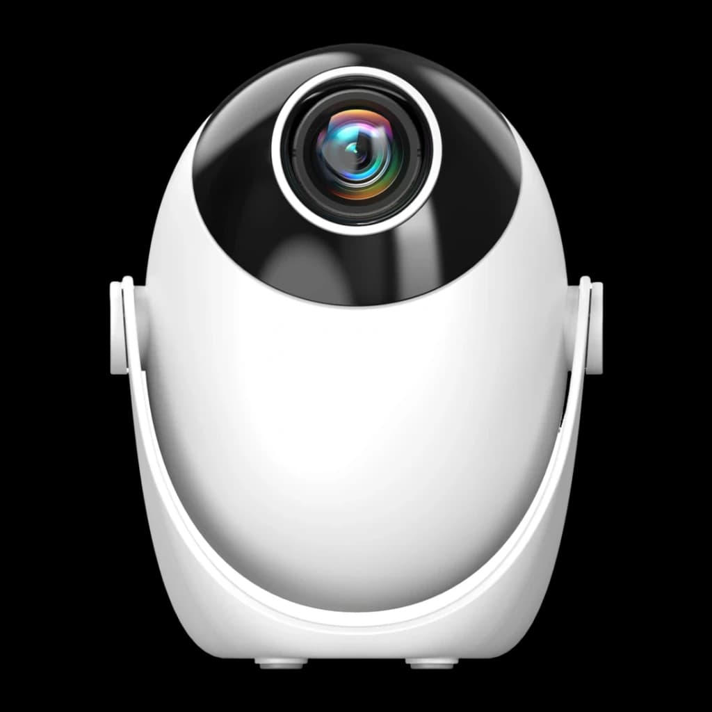 Projecteur SMOON 1080p Full HD 300 Lumens ANSI LCD Google TV Q3, vue de face: objectif optique multicolore sur corps blanc