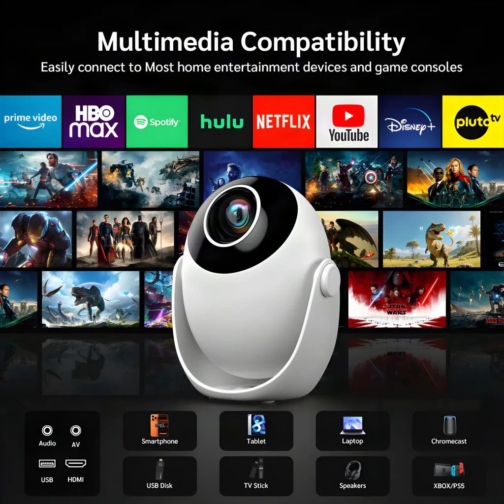 Projecteur SMOON 1080p Full HD 300 Lumens ANSI LCD Google TV Q3, compatibilité: logos Netflix YouTube HBO et connexions HDMI