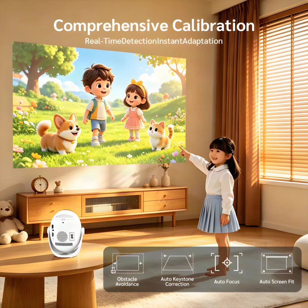Projecteur SMOON 1080p Full HD 300 Lumens ANSI LCD Google TV Q3, usage: fillette pointe l'image projetée en salon