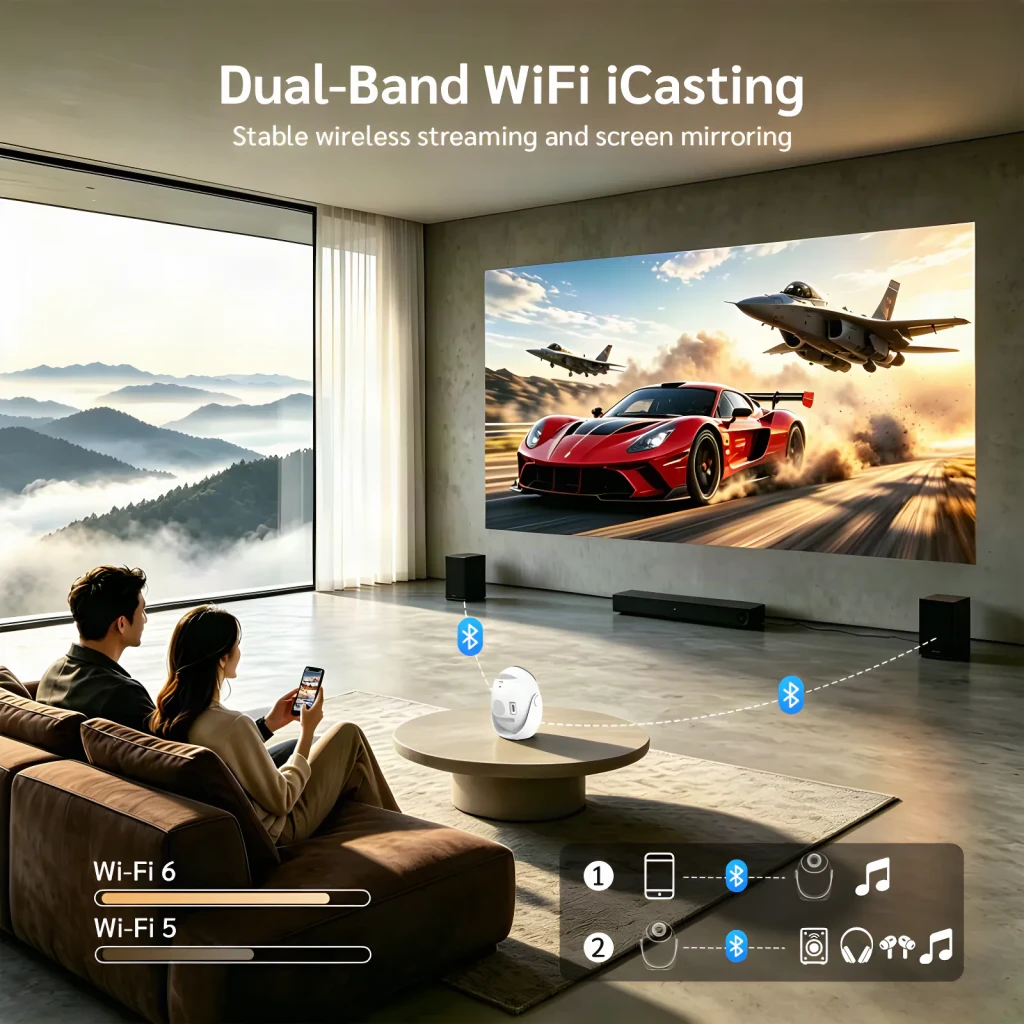 Projecteur SMOON 1080p Full HD 300 Lumens ANSI LCD Google TV Q3, scène: couple au salon diffusant sur grand écran via WiFi