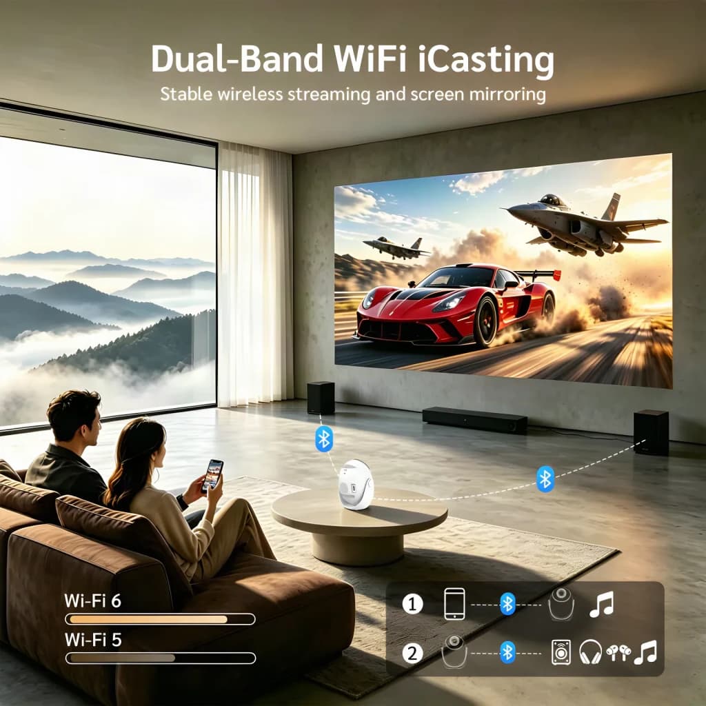 Projecteur SMOON 1080p Full HD 300 Lumens ANSI LCD Google TV Q3, scène: couple au salon diffusant sur grand écran via WiFi