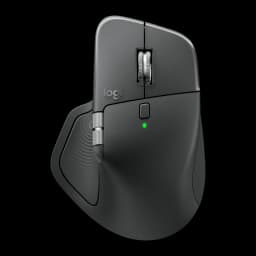 Logitech Rato MX Master 4 Grafite, vista lateral esquerda: roda de deslocamento metálica, botão lateral e LED verde aceso