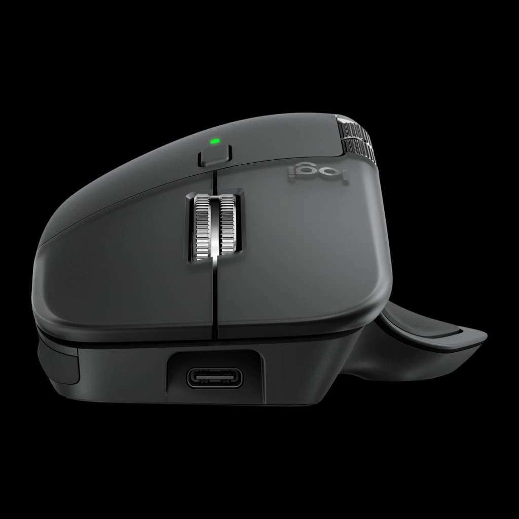 Logitech Rato MX Master 4 Grafite, vista lateral esquerda: roda de scroll, LED verde, roda lateral e porta USB-C visíveis