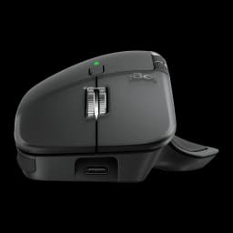 Logitech Rato MX Master 4 Grafite, vista lateral esquerda: roda de scroll, LED verde, roda lateral e porta USB-C visíveis