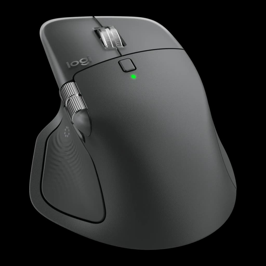 Logitech Rato MX Master 4 Grafite, vista lateral esquerda: roda lateral, botões thumb e LED verde aceso