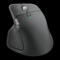 Logitech Rato MX Master 4 Grafite, vista lateral esquerda: roda lateral, botões thumb e LED verde aceso