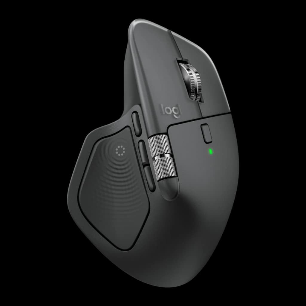 Logitech Rato MX Master 4 Grafite, vista lateral direita: roda MagSpeed, roda lateral e botões de polegar com LED verde