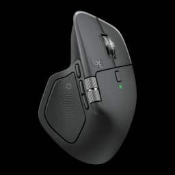 Logitech Rato MX Master 4 Grafite, vista lateral direita: roda MagSpeed, roda lateral e botões de polegar com LED verde