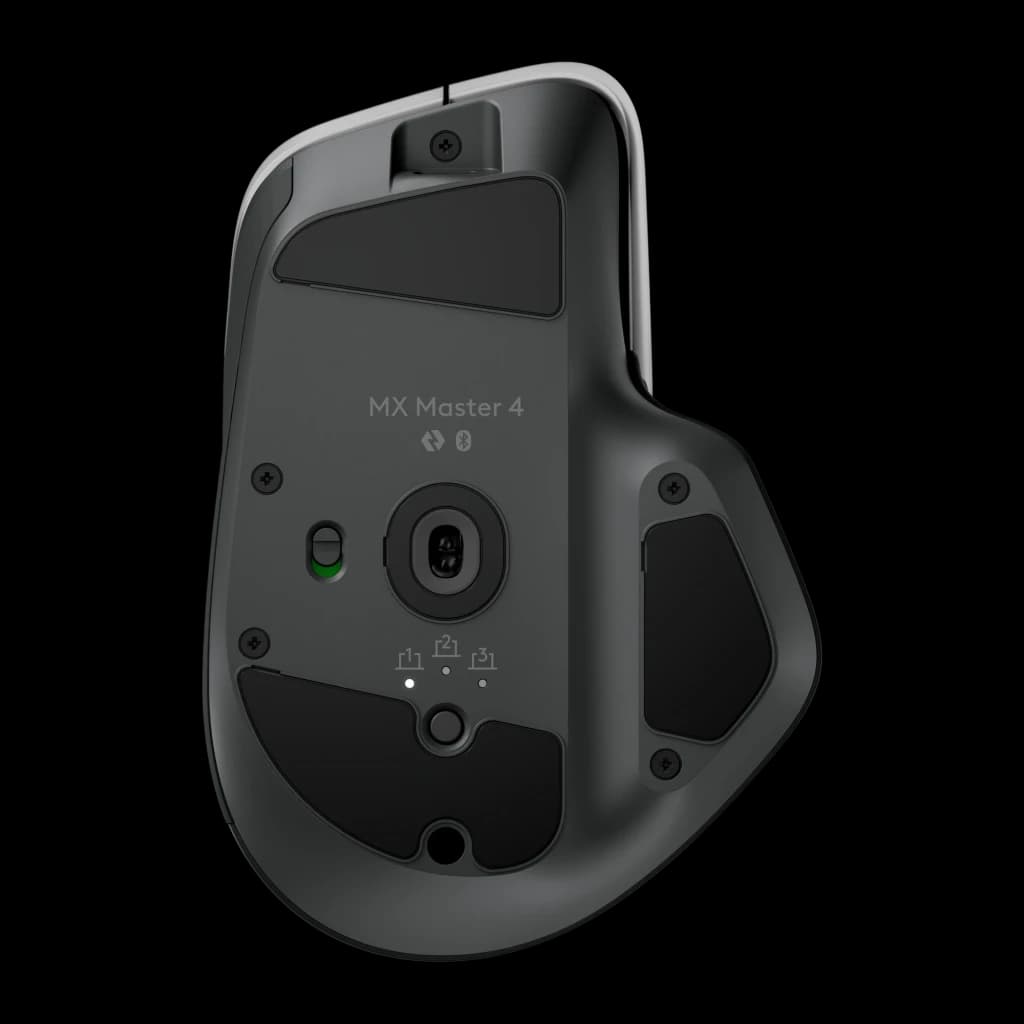 Logitech Rato MX Master 4 Grafite, vista inferior: sensor óptico, seletor de dispositivos, indicadores LED e patins