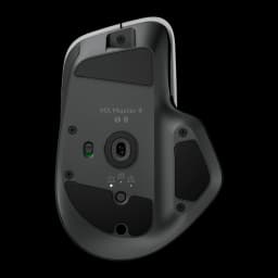 Logitech Rato MX Master 4 Grafite, vista inferior: sensor óptico, seletor de dispositivos, indicadores LED e patins