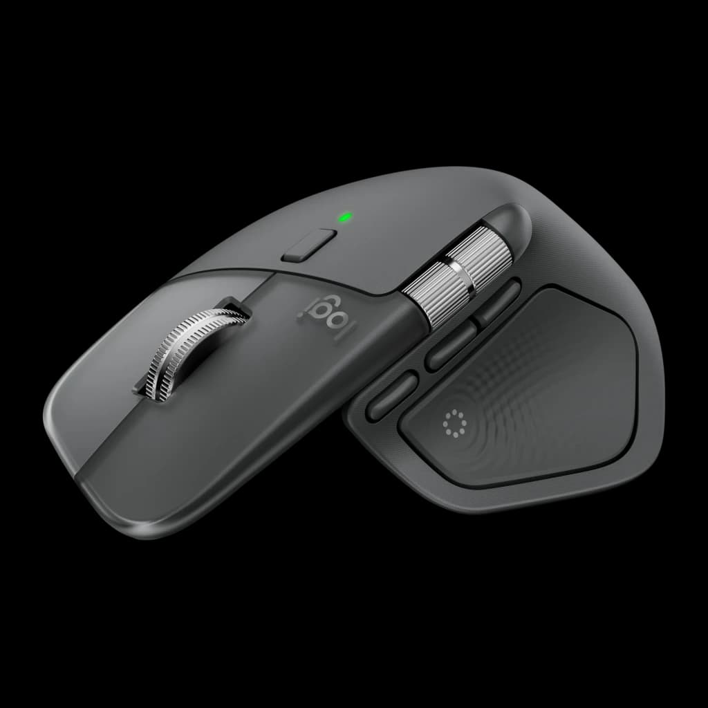 Logitech Rato MX Master 4 Grafite, vista superior traseira: roda MagSpeed metálica, logo Logi e apoio de polegar com textura