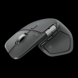 Logitech Rato MX Master 4 Grafite, vista superior traseira: roda MagSpeed metálica, logo Logi e apoio de polegar com textura