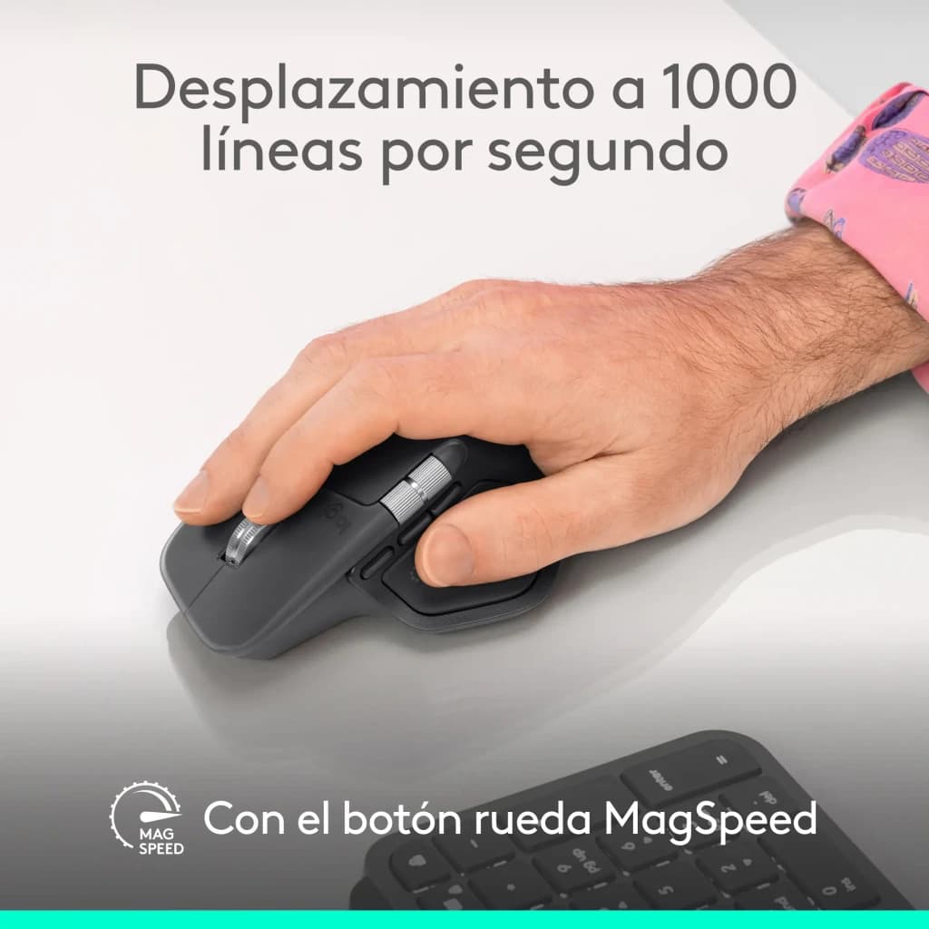 Logitech Rato MX Master 4 Grafite, uso: mão segurando o rato cinzento com roda MagSpeed visível